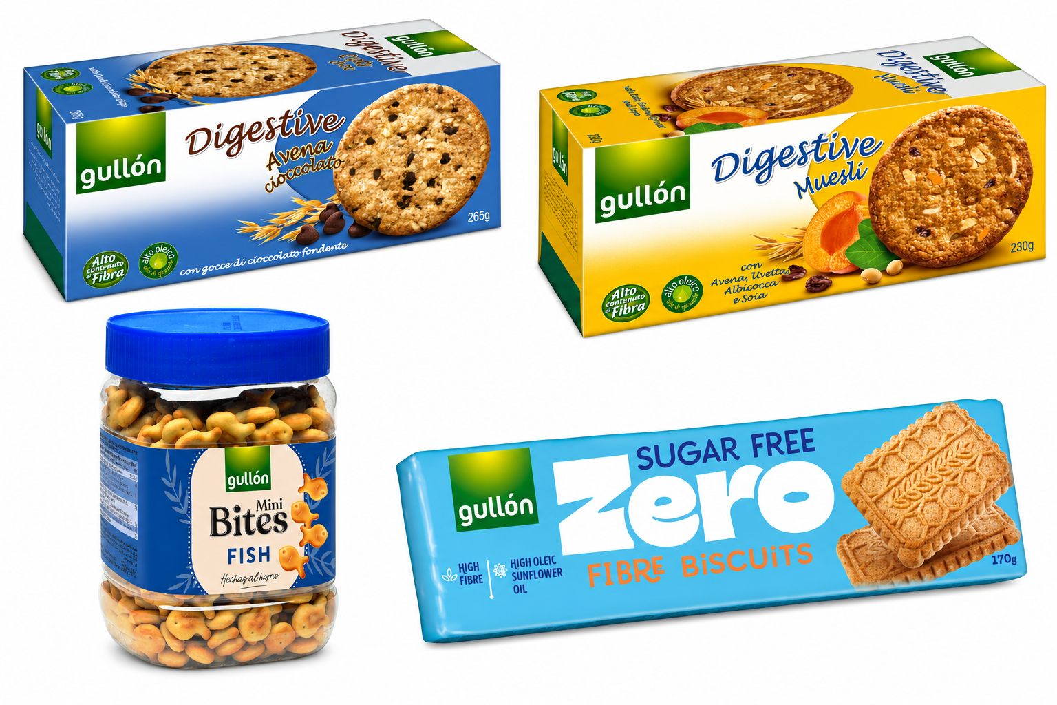 Gullón Sugar Free Biscuits, Digestive Avena Choco & Müsli,  Pick! Fish