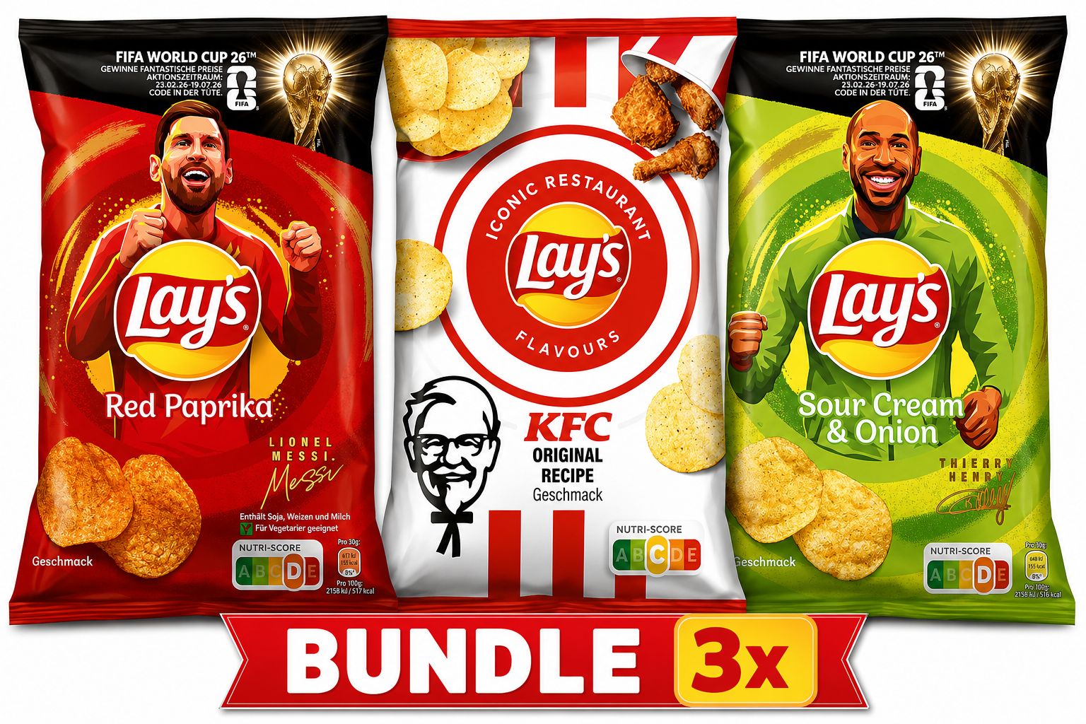 Lay´s Chips Red Paprika, Sour Cream & Onion, KFC Original 3 x 150 g
