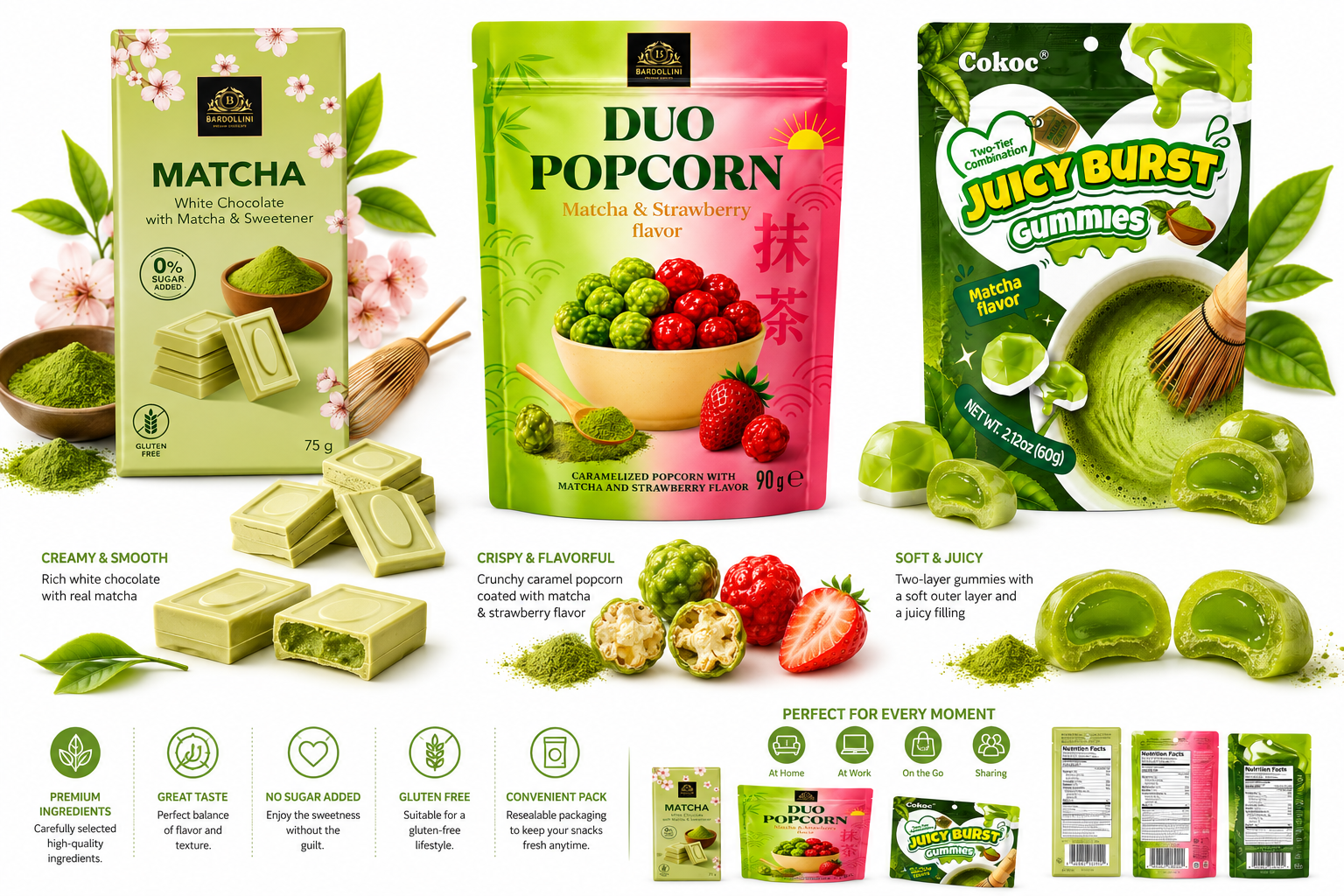 Matcha Schokolade, Gummie, Popcorn Bundle