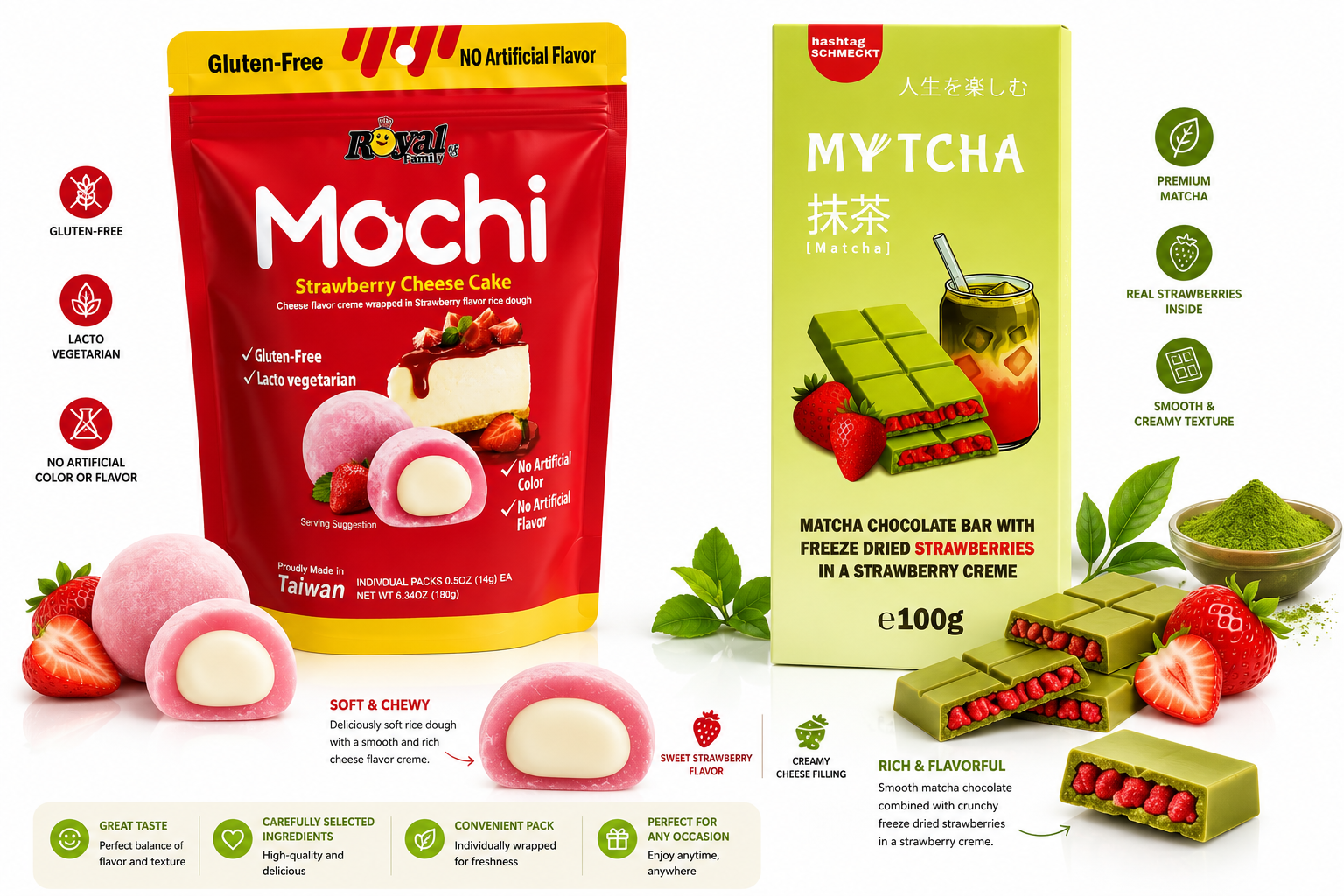 Mytcha Matcha Strawberries, Royal Mochi Strawberry Cheesecake Bundle