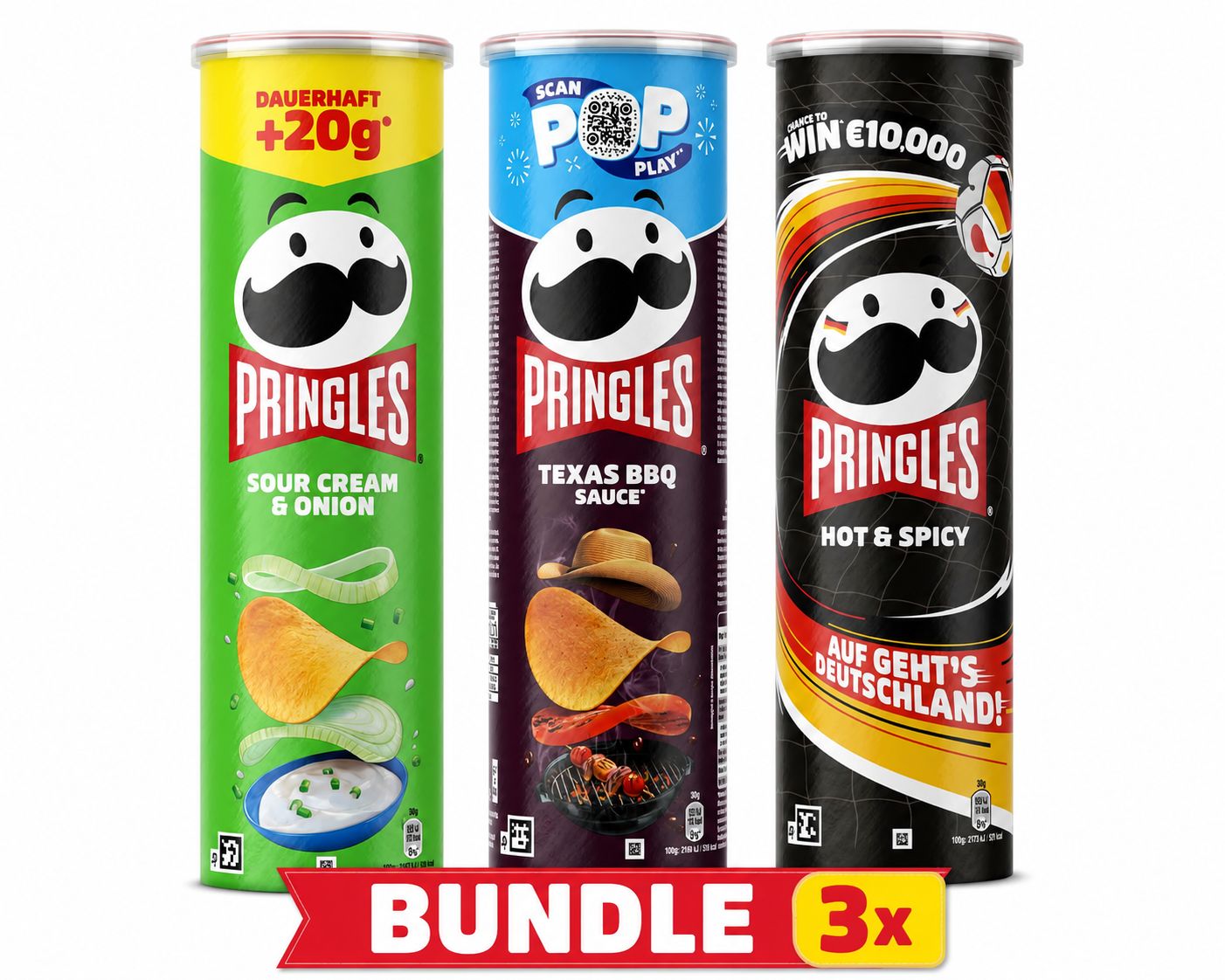 Pringles Bundle Hot & Spicy,  Sour Cream & Onion, Texas BBQ 3 x185 g