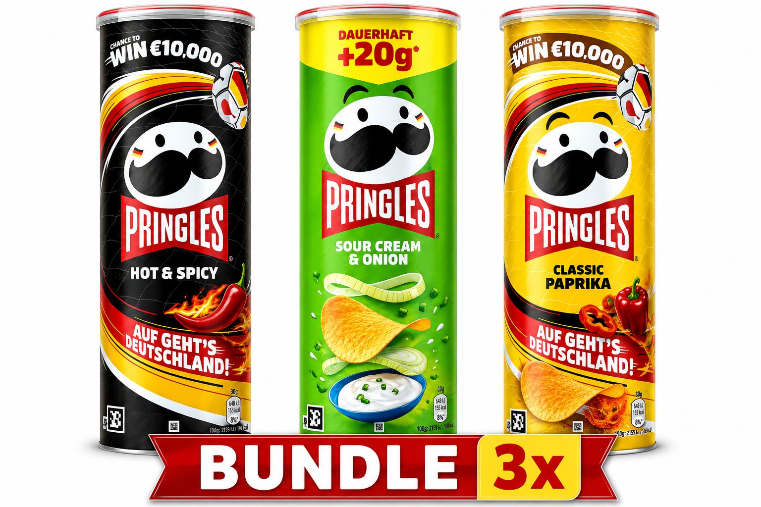 Pringles Sour Cream & Onion, Hot & Spicy, Classic Paprika 3 x 185 g