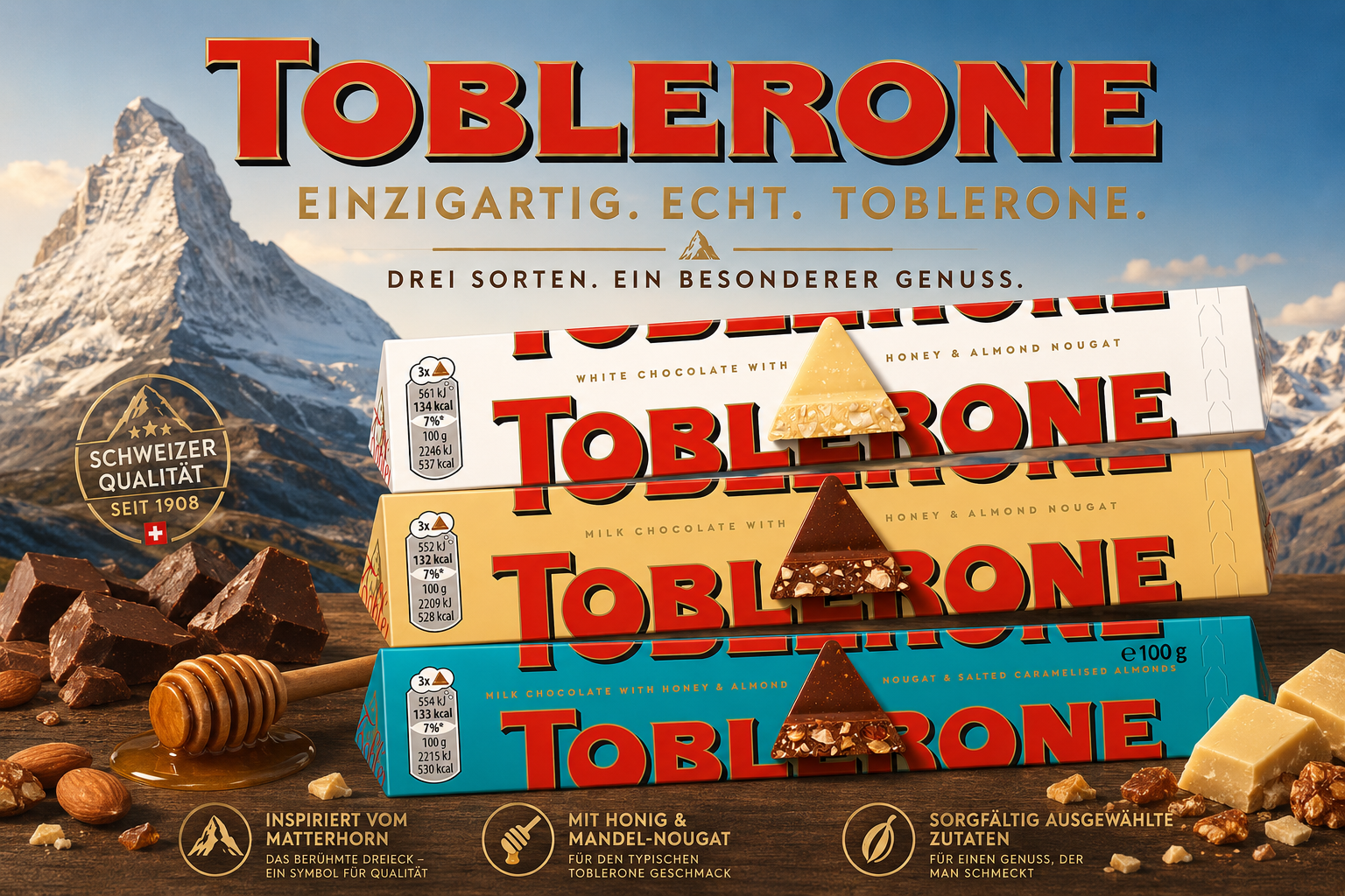 Toblerone Bundle 3 x 100g White, Crunchy Almond, Gold