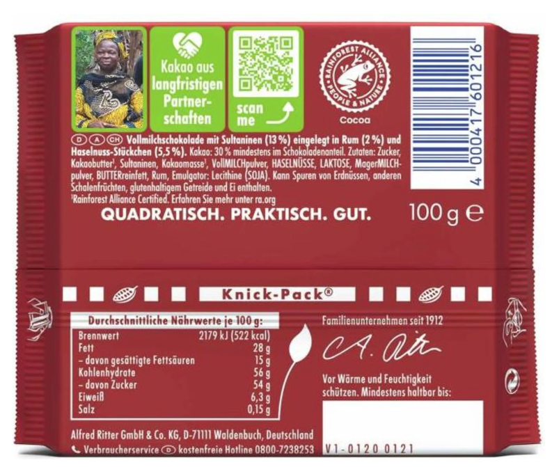 Ritter Sport Rum Trauben Nuss 100 g